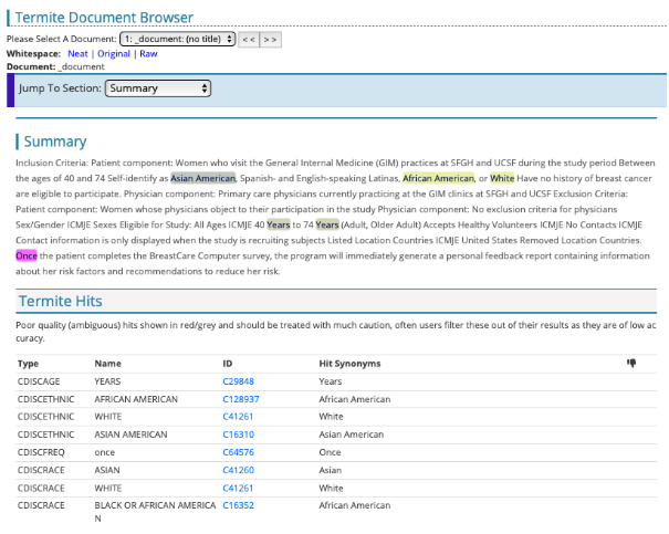 CDISC enriched text in TERMite 6.3 - CDISCAGE (age), CDISCETHNIC (ethnicity) and CDISCRACE (race) terms identified.
