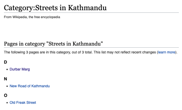 Streets of Kathmandu categories in Wikipedia