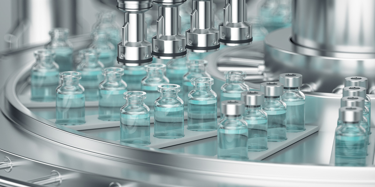 3d Render. Pharmaceutical Manufacture Background With Glass Bottles With Clear Liquid On Automatic Conveyor Line. COVID 19 MRNA Vaccine Production Platform.